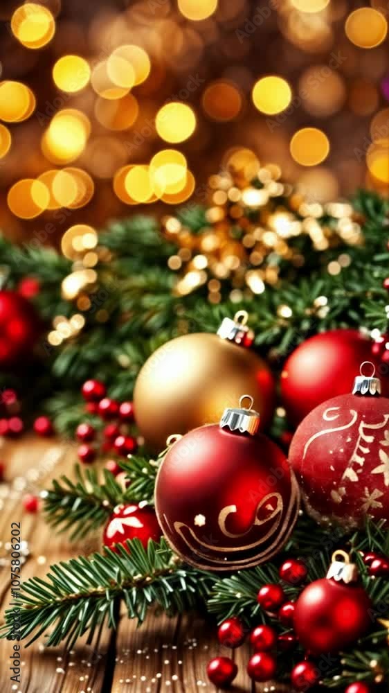 Red and Gold Christmas Ornaments on Pine Branches with Bokeh Lights, Vertical Red and Gold Christmas Ornaments on Pine Branches with Bokeh Lights, Vertical
