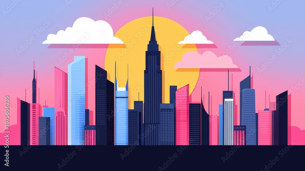 Colorful Cityscape Illustration with Sunset and Clouds Colorful Cityscape Illustration with Sunset and Clouds