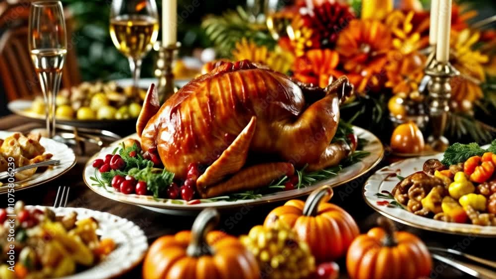 Thanksgiving Feast with Turkey and Sides with Pumpkin Decoration Thanksgiving Feast with Turkey and Sides with Pumpkin Decoration