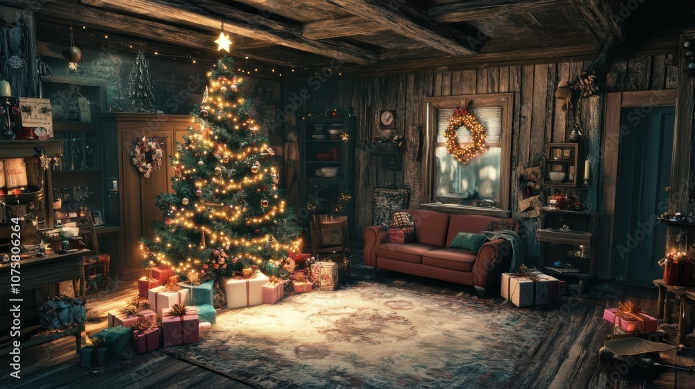 A living room with rustic charm, featuring a Christmas tree A living room with rustic charm, featuring a Christmas tree