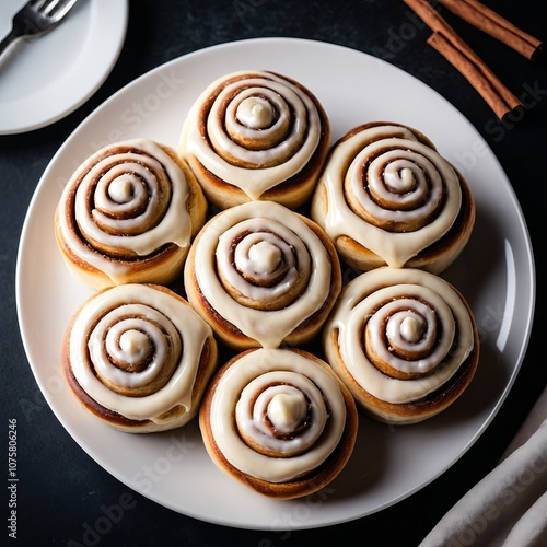 Freshly baked cinnamon rolls with creamy icing on dark background photo