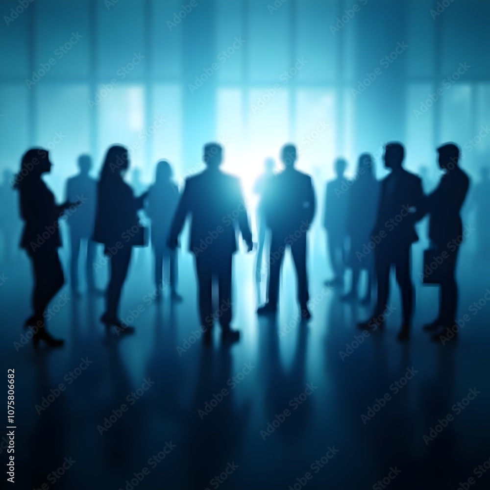 Silhouettes of people standing, business concept, blurred blue background, teamwork and unity Silhouettes of people standing, business concept, blurred blue background, teamwork and unity