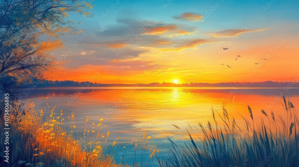 sunset at coast of the lake. Nature landscape.