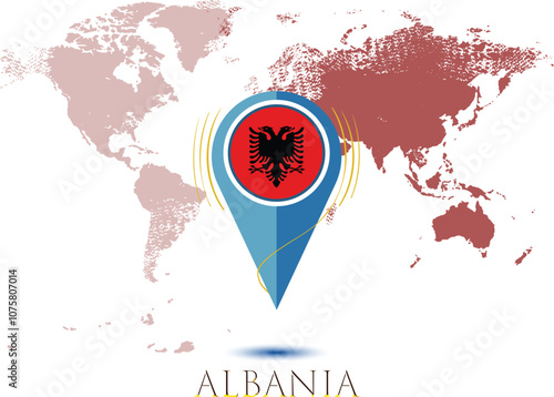 map with magnified ALBANIA, map of my current position, map pointer icon isolated on white background ALBANIA state flag. map vector illustration, Map pin ALBANIA flag..eps
