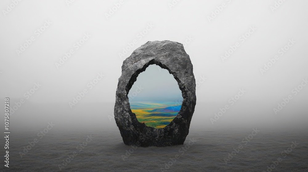 Fototapeta premium A Mysterious Stone Portal Framing a Vibrant Landscape in a Dreamlike Foggy Environment Suitable for Fantasy and Nature Themes