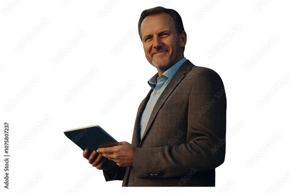 PNG studio shot of a mature man using a digital tablet against a grey background PNG studio shot of a mature man using a digital tablet against a grey background