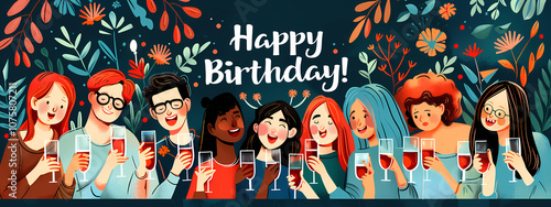 A diverse group of friends celebrating a birthday with drinks, joyful expressions, and colorful decorations in a lively atmosphere.