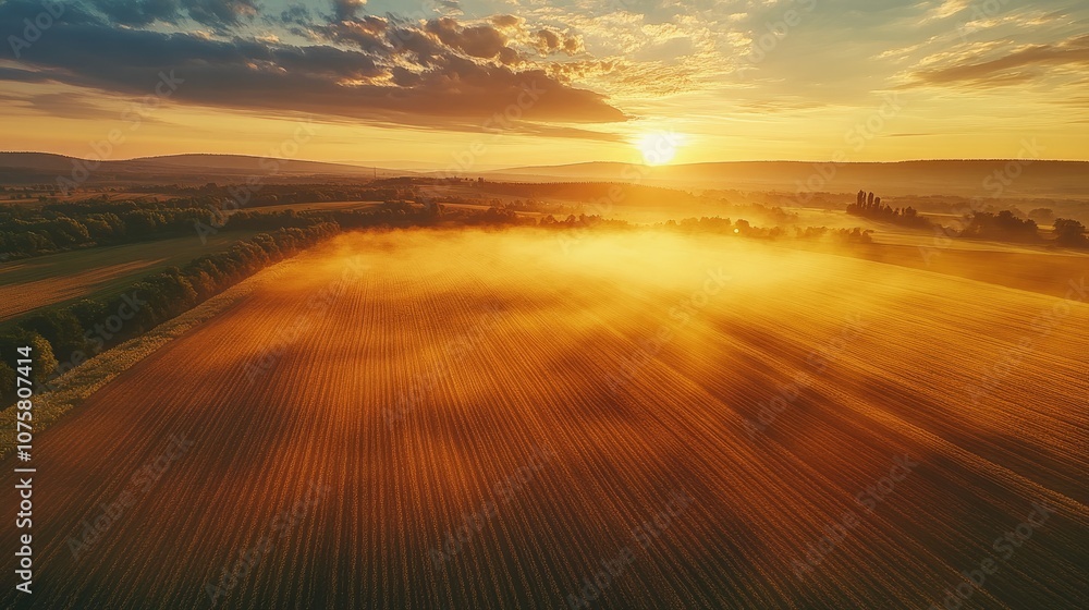 Tranquil agricultural landscape with a magical rainbow at sunset Tranquil agricultural landscape with a magical rainbow at sunset