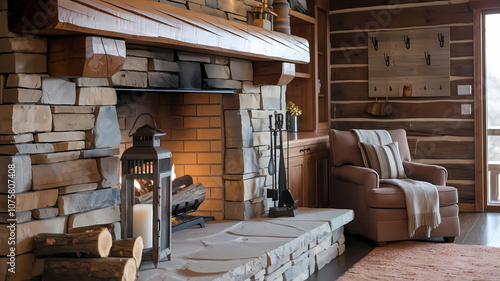 Cozy living room with a stone fireplace, rustic decor, and a comfortable armchair, perfect for relaxation.