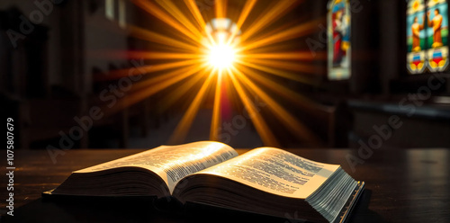 Open Holy bible book with glowing lights in church