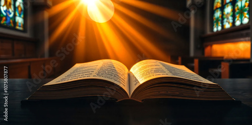 Open Holy bible book with glowing lights in church
