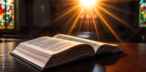 Open Holy bible book with glowing lights in church
