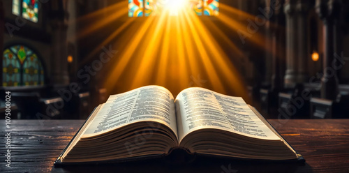 Open Holy bible book with glowing lights in church