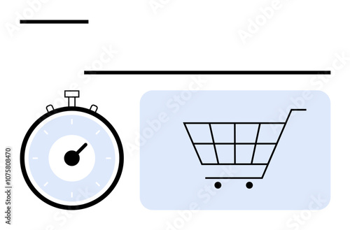 Clock stopwatch and shopping cart icon in minimalist style. Ideal for online shopping, e-commerce, time saving, efficiency, modern lifestyle, consumerism, productivity toolkit. Line metaphor