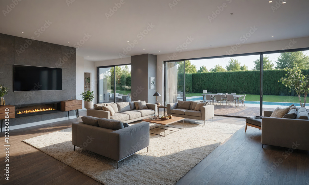 A modern living room with large windows overlooking a backyard with a swimming pool A modern living room with large windows overlooking a backyard with a swimming pool