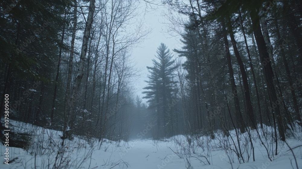 Obraz premium A peaceful snowy forest with mist rising from the snow-covered