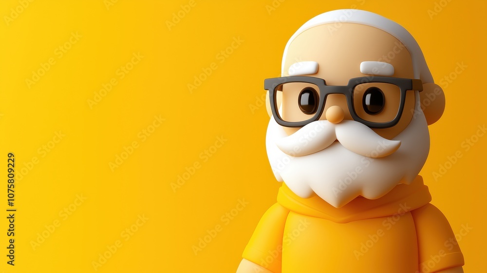 Fototapeta premium 3D cartoon character with glasses and white beard on yellow background, space for text