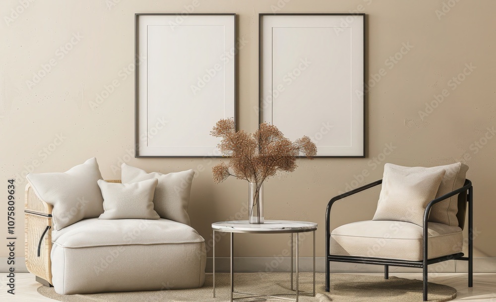 Modern living room interior design with beige sofa. two white picture frames. grey armchair. coffee table and wooden floor Modern living room interior design with beige sofa. two white picture frames. grey armchair. coffee table and wooden floor