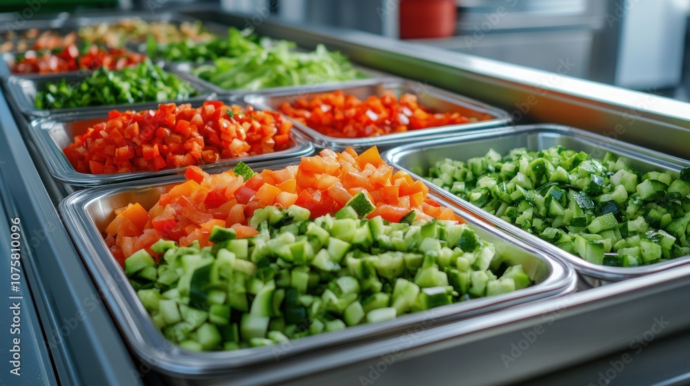 Fresh Chopped Vegetables in Stainless Steel Trays Fresh Chopped Vegetables in Stainless Steel Trays