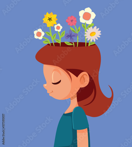 Happy Child with Flourishing Positive Mind Vector Illustration. Mindful little girl feeling positive and optimistic
