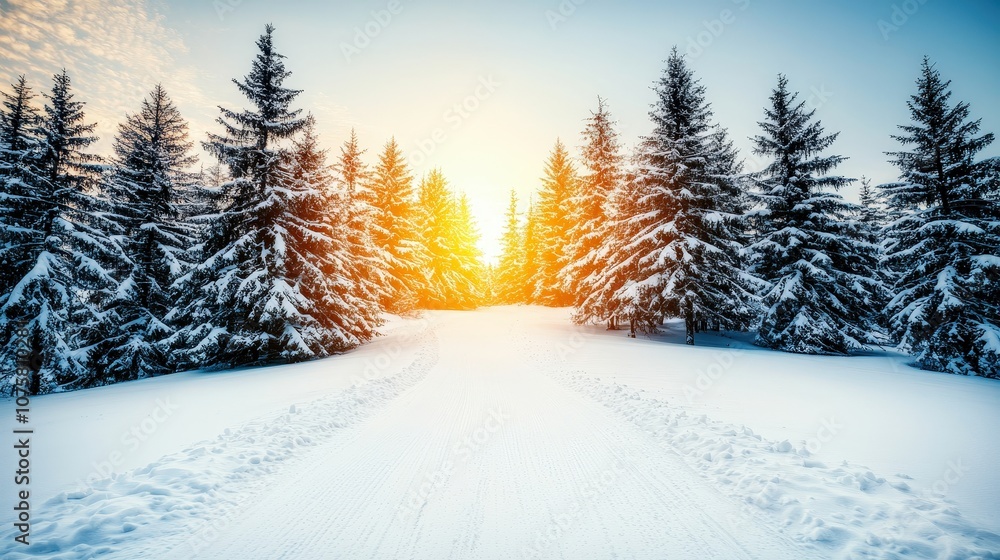 Fototapeta premium Winter Wonderland Snow Covered Trees Sunlit Path and Sparkling River