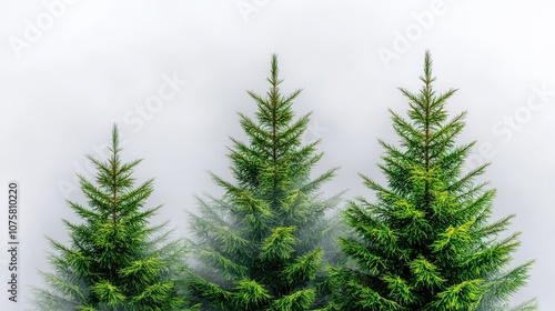 Tall Evergreen Trees in Misty Forest Landscape Nature Background