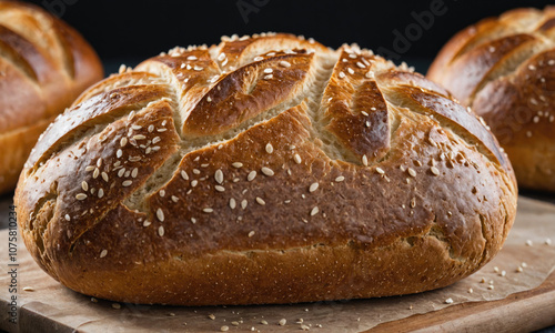 A freshly baked loaf of bread with sesame seeds sits on a wooden board