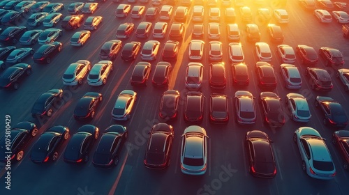 Aerial View of Cars Parked in a Row at Sunset