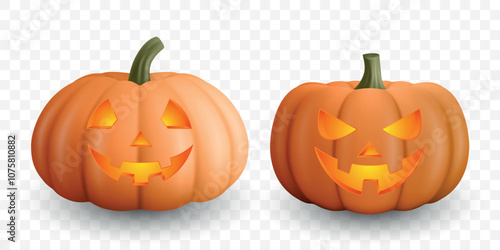 Realistic Vector Halloween Pumpkins with Carved Faces. Jack-O'-Lanterns Set for Halloween Decor. Detailed Pumpkin Illustrations for Festive Design, Icons, Templates
