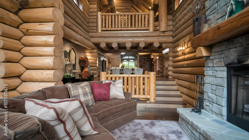 Cozy log cabin interior featuring a spacious living area with a fireplace, rustic decor, and a warm, welcoming atmosphere.