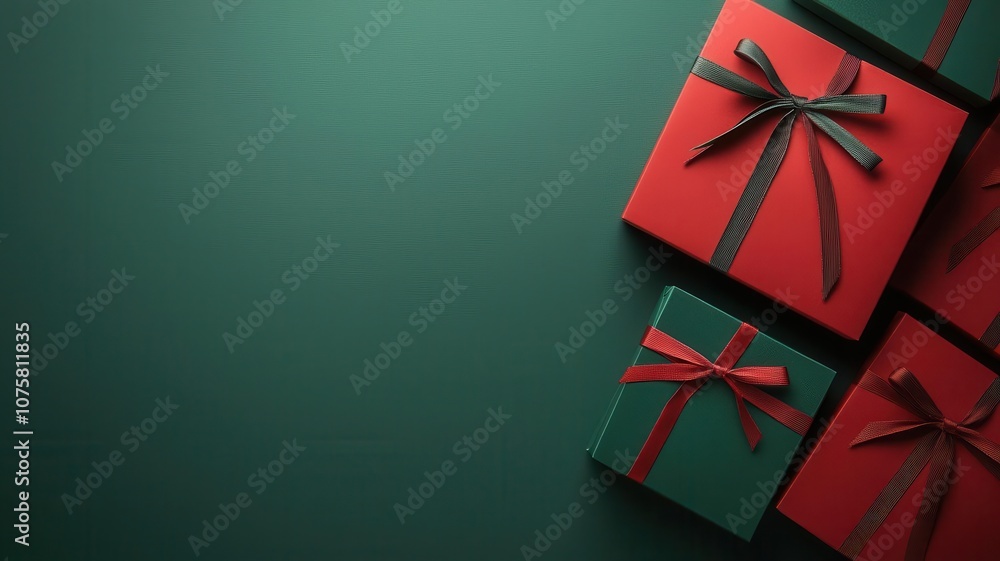 A festive arrangement of elegantly wrapped Christmas gifts in red and green, perfect for holiday celebrations and seasonal joy. A festive arrangement of elegantly wrapped Christmas gifts in red and green, perfect for holiday celebrations and seasonal joy.