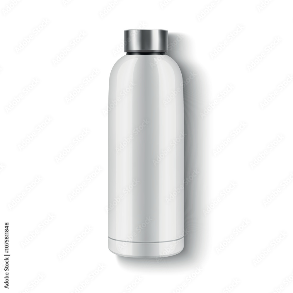 Vector Realistic 3D Blank Glossy Reusable Water Bottle with Steel Bung Closeup Isolated. Design Template of Packaging Mockup. Front View Vector Realistic 3D Blank Glossy Reusable Water Bottle with Steel Bung Closeup Isolated. Design Template of Packaging Mockup. Front View