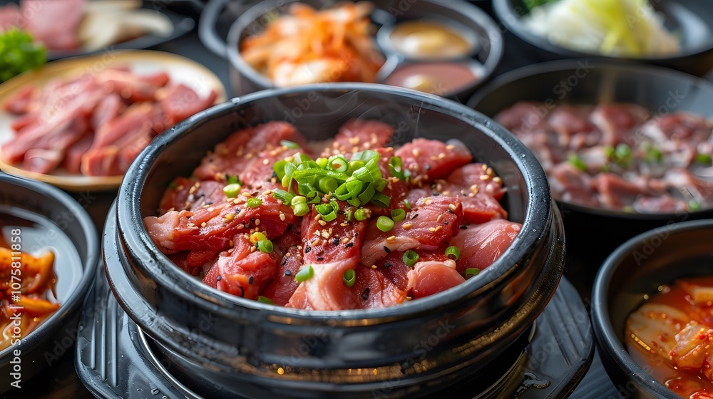 A plate of Yukhoe, highlighting fresh raw meat, garnished with sesame and pear slices, capturing the authentic taste of Korean cuisine in a simple yet elegant presentation. A plate of Yukhoe, highlighting fresh raw meat, garnished with sesame and pear slices, capturing the authentic taste of Korean cuisine in a simple yet elegant presentation.