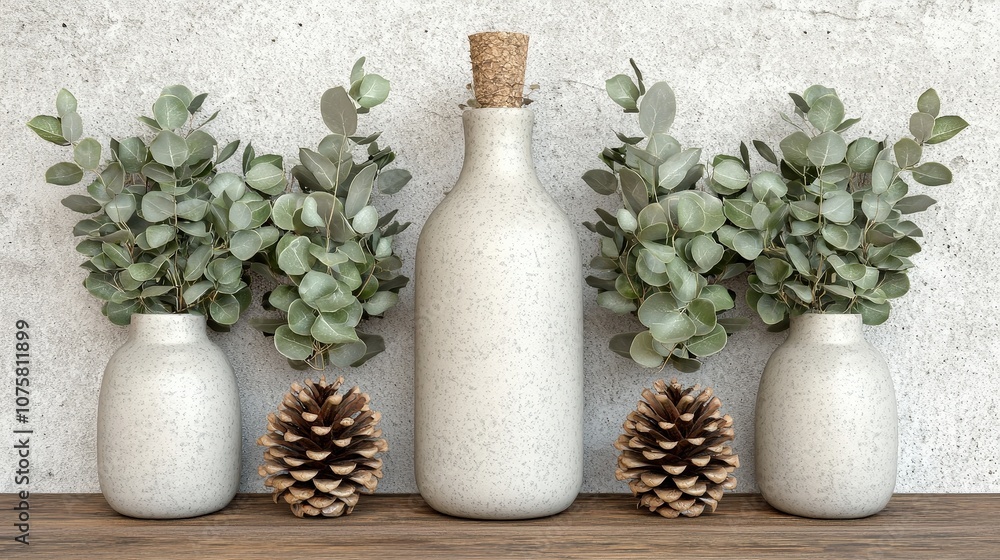 Minimalist Modern Dining Table Centerpiece with Eucalyptus and Pine Cones Minimalist Modern Dining Table Centerpiece with Eucalyptus and Pine Cones