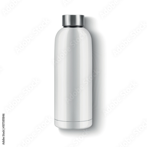 Vector Realistic 3D Blank Glossy Reusable Water Bottle with Steel Bung Closeup Isolated. Design Template of Packaging Mockup. Front View
