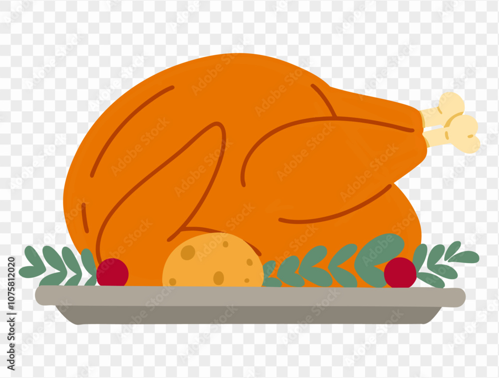Thanksgiving roasted turkey illustration on a transparent background, featuring a simple and minimalist design with a garnish of fresh herbs, tomatoes, and an orange slice. Ideal for Thanksgiving them Thanksgiving roasted turkey illustration on a transparent background, featuring a simple and minimalist design with a garnish of fresh herbs, tomatoes, and an orange slice. Ideal for Thanksgiving them