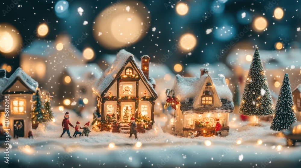 A snow-covered Christmas village at dusk, with twinkling A snow-covered Christmas village at dusk, with twinkling