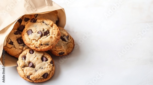 Chocolate Chip Cookies with Paper Bag on White Background