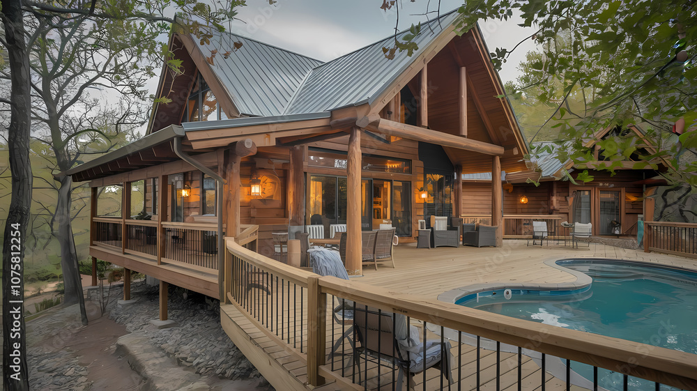 Fototapeta premium Cozy wooden cabin with a pool, surrounded by trees, featuring a spacious deck and large windows for a welcoming atmosphere.