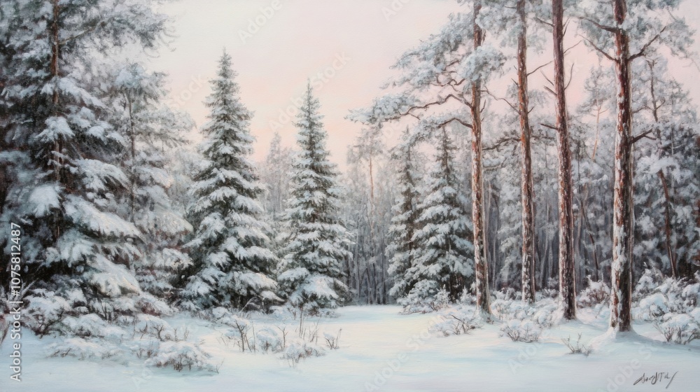 Fototapeta premium A snow-covered forest with towering pines and frost-covered