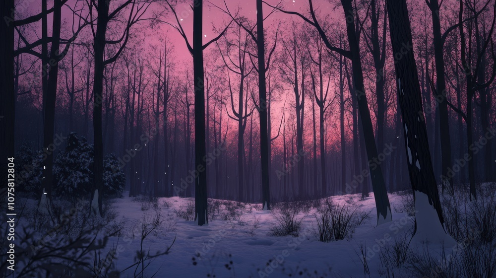 Naklejka premium A snowy forest at twilight, the trees dark silhouettes against