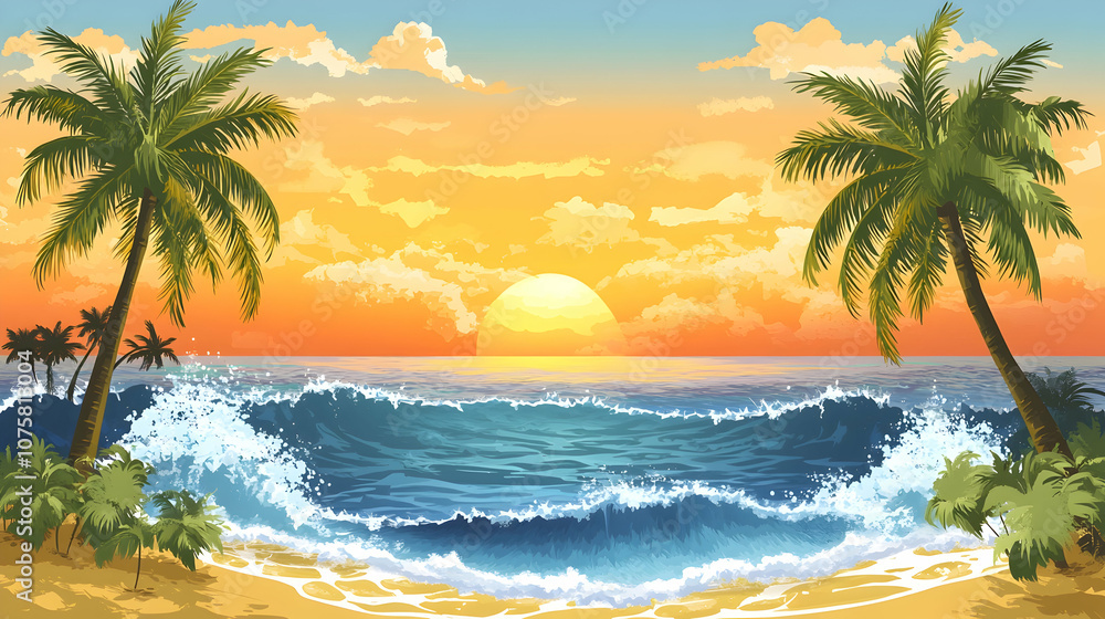 Fototapeta premium A scenic tropical beach sunset with palm trees, waves crashing on the shore, and a bright orange sky.