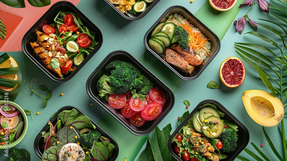 Healthy Meal Prep Containers with Various Salads and Vegetables Healthy Meal Prep Containers with Various Salads and Vegetables