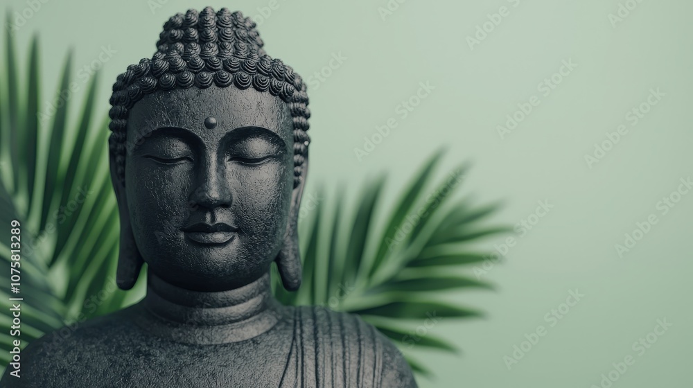Buddha Statue with Palm Leaf Tranquility Meditation Spiritual Zen Serenity Buddha Statue with Palm Leaf Tranquility Meditation Spiritual Zen Serenity