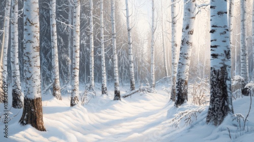 A snowy woodland with tall birch trees, their white bark