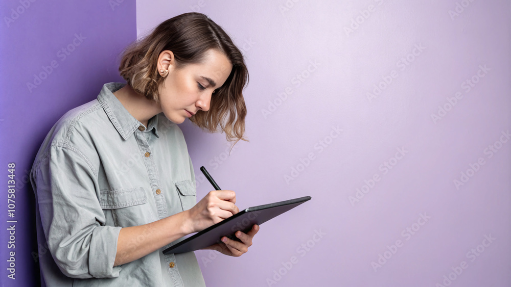 Person Writing on Tablet Against Purple Wall Person Writing on Tablet Against Purple Wall