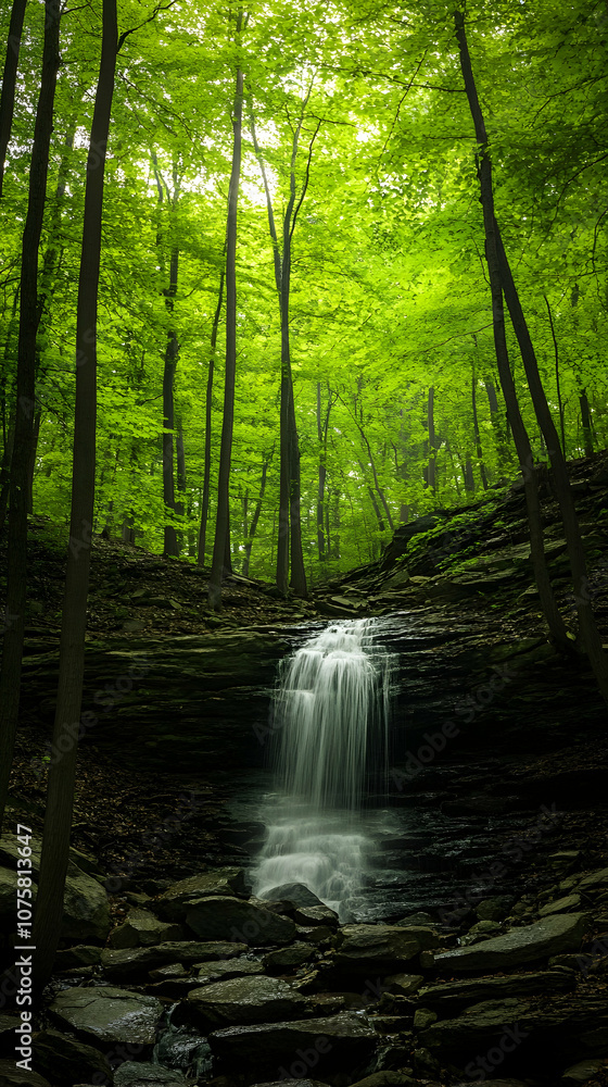 A small waterfall flows through a lush forest, surrounded by green trees and rocks. A small waterfall flows through a lush forest, surrounded by green trees and rocks.