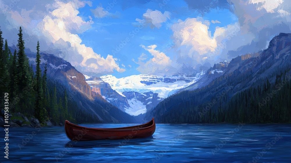 Obraz premium Serene Mountain Lake with Canoe and Snow capped Peaks