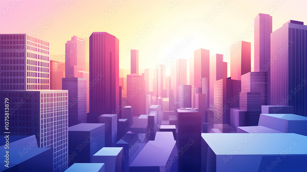 A stylized cityscape at sunrise with a bright pink and purple color scheme. A stylized cityscape at sunrise with a bright pink and purple color scheme.