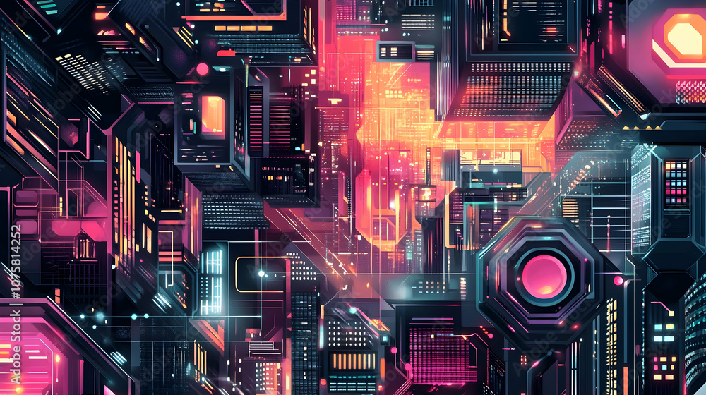 A vibrant futuristic cityscape with neon lights and geometric shapes, creating a complex and dynamic composition. A vibrant futuristic cityscape with neon lights and geometric shapes, creating a complex and dynamic composition.